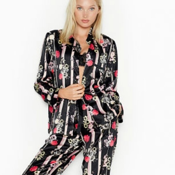 VS Satin Pajama Top in a Black Floral Stripe NWT - Picture 1 of 5